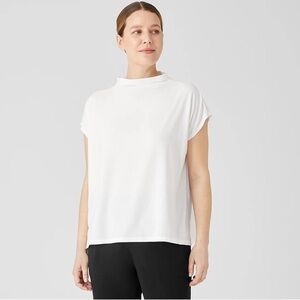 EILEEN FISHER NWT S Fine Jersey Funnel Neck Top in White • Soft Quiet Luxury